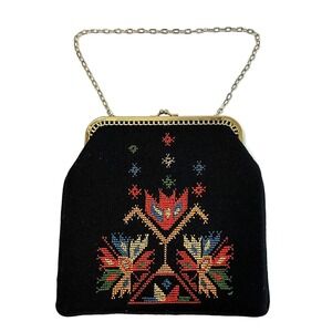 Vintage Black Evening Purse Gold Wrist Strap Retro Embroidered‎ Cross Stitch